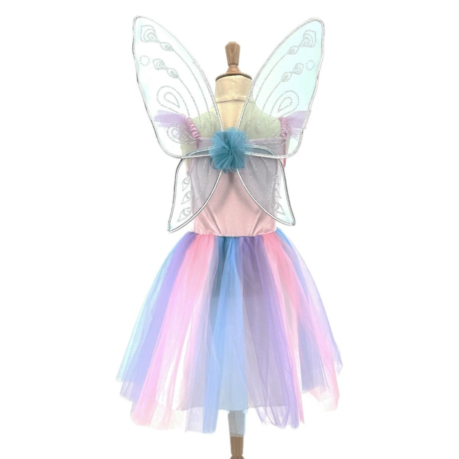 Costume fée fille avec robe en velours et sequins, jupons satin et tulle, ailes papillon dorées