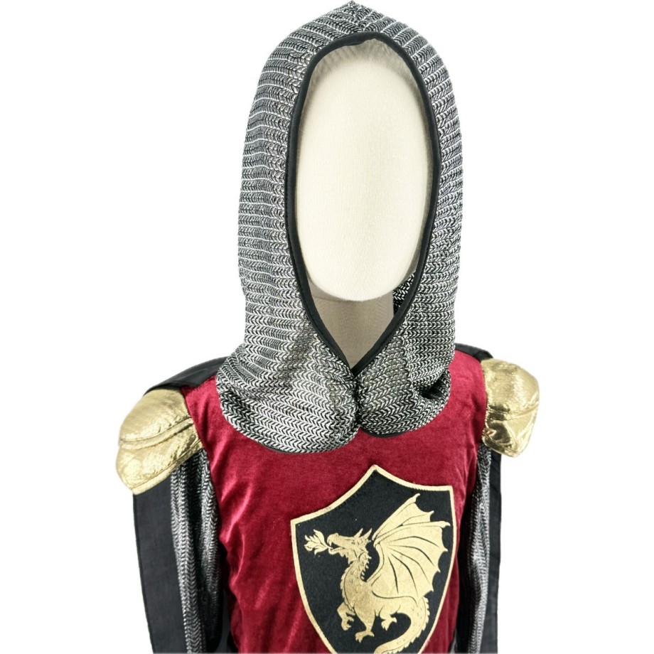 Costume chevalier garçon avec tunique blason, cape satin et cagoule côte de maille