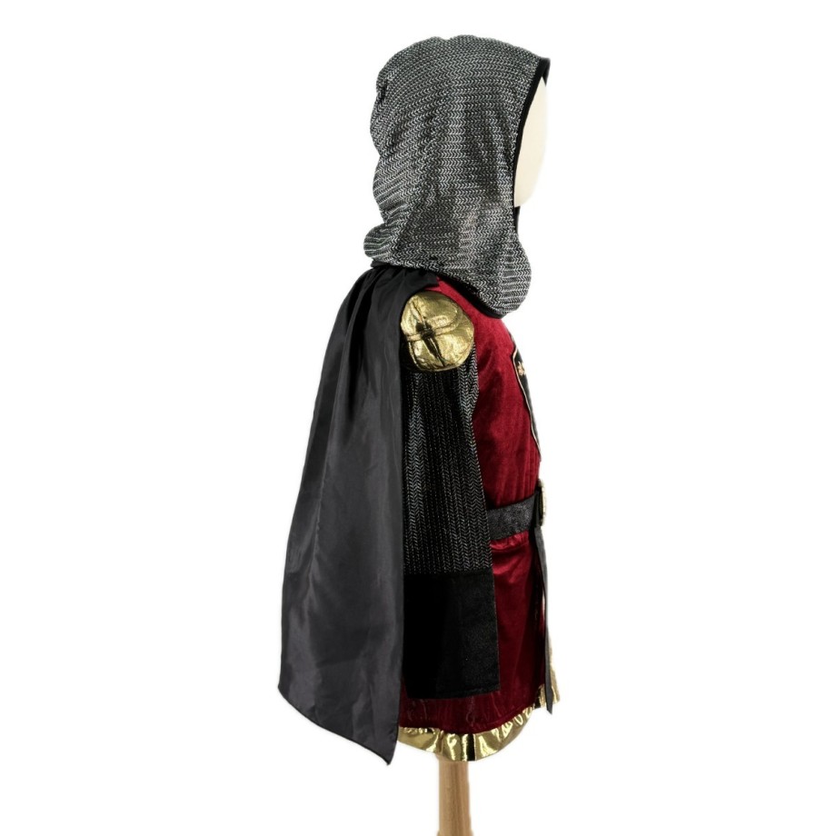 Costume chevalier garçon avec tunique blason, cape satin et cagoule côte de maille