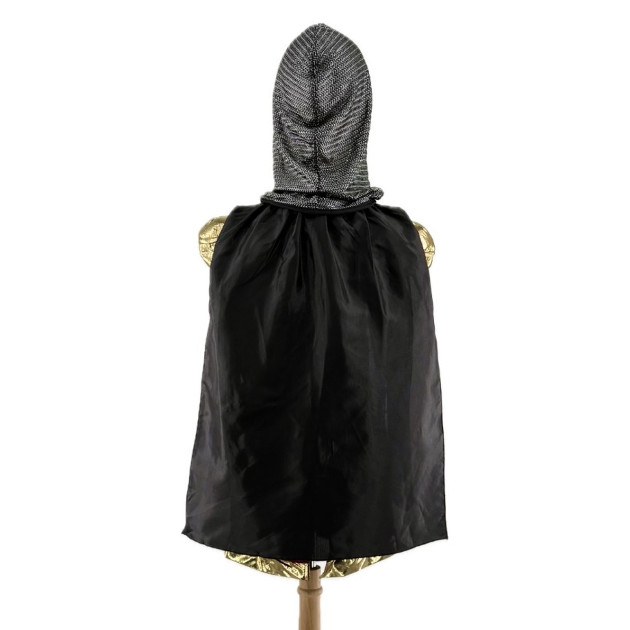 Costume chevalier garçon avec tunique blason, cape satin et cagoule côte de maille