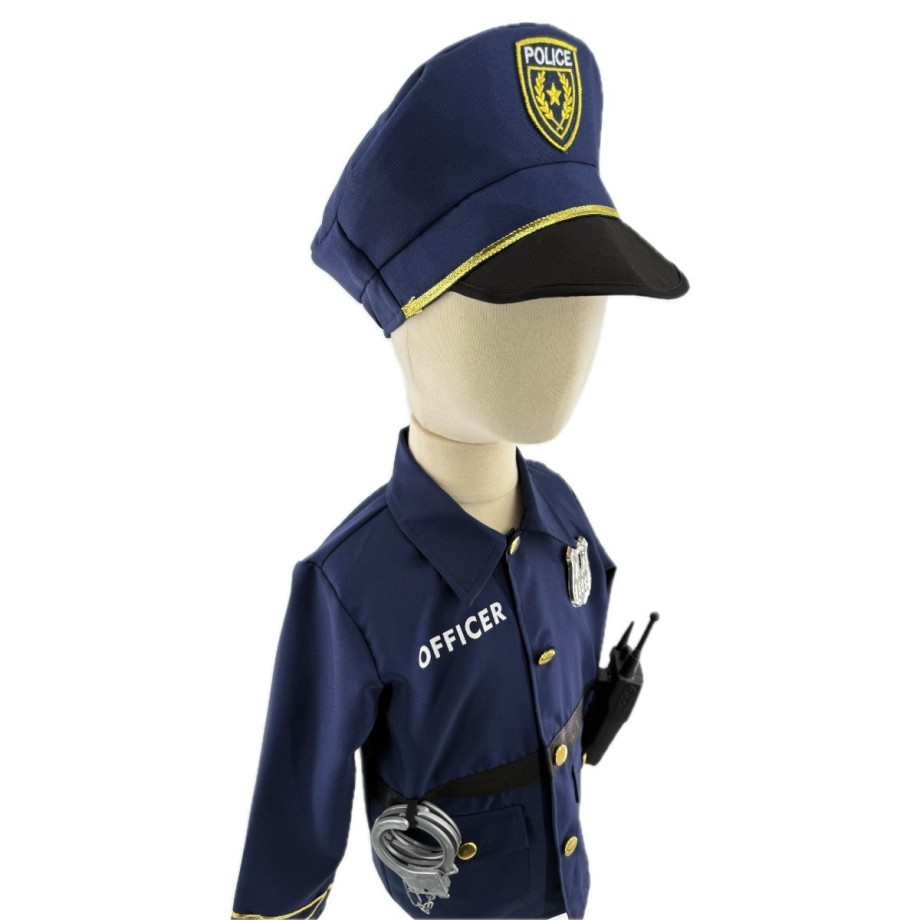 Costume policier enfant avec casquette, veste à badge, talkie-walkie et menottes
