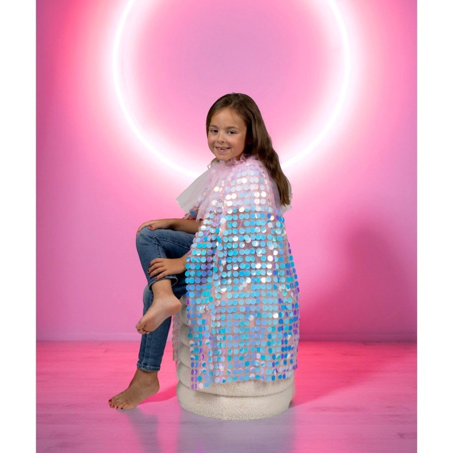 Cape déguisement fille sequins multicolores sur fond rose avec col et doublure tulle