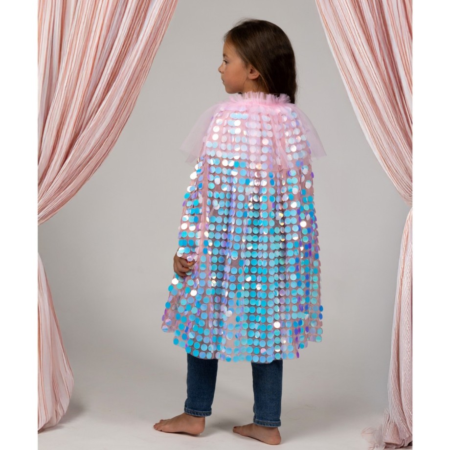 Cape déguisement fille sequins multicolores sur fond rose avec col et doublure tulle