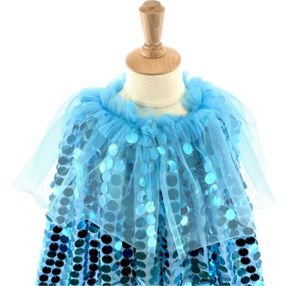 Cape déguisement fille sequins bleus avec col et doublure tulle