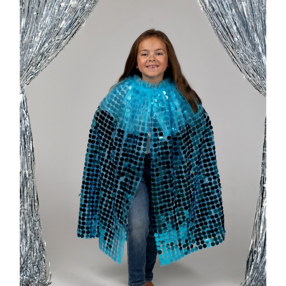 Cape déguisement fille sequins bleus avec col et doublure tulle