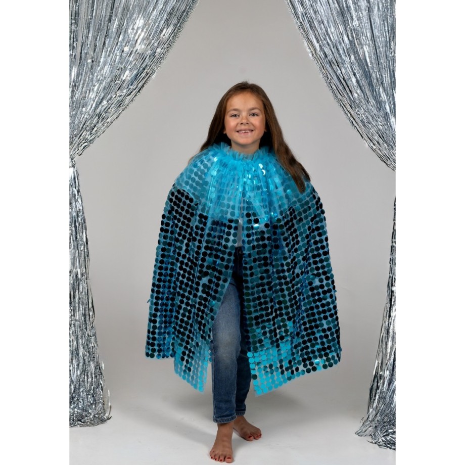 Cape déguisement fille sequins bleus avec col et doublure tulle