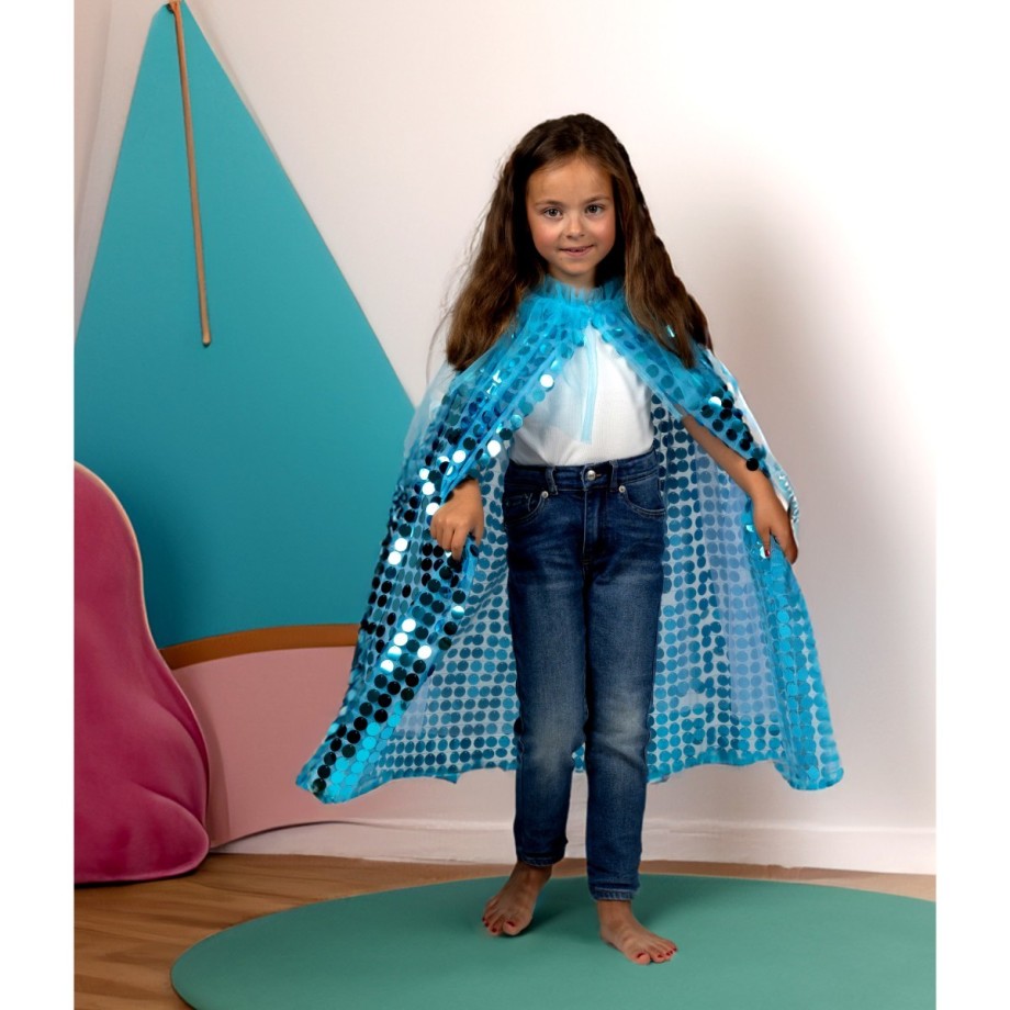 Cape déguisement fille sequins bleus avec col et doublure tulle