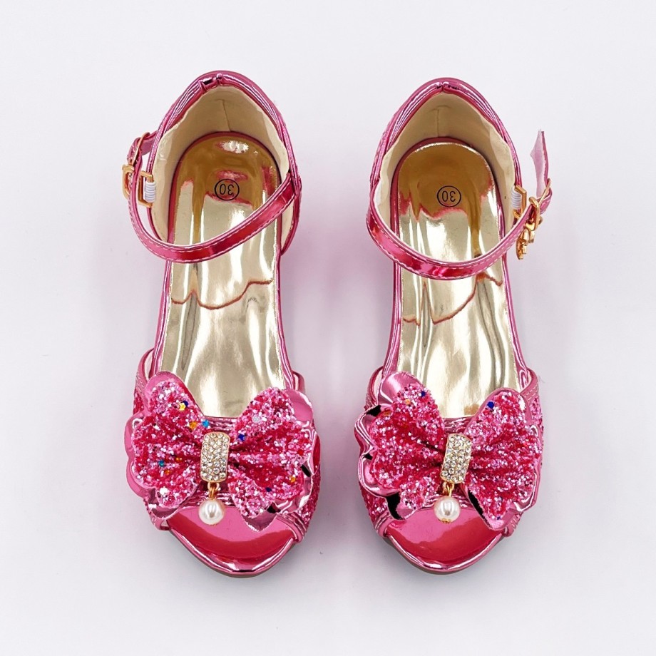 Mules fille paillettes rose foncé avec nœud, talon 3 cm et boucle réglable – T27