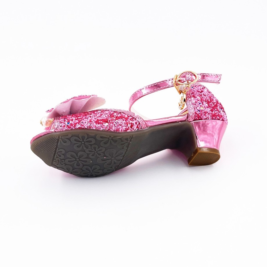 Mules fille paillettes rose foncé avec nœud, talon 3 cm et boucle réglable – T27