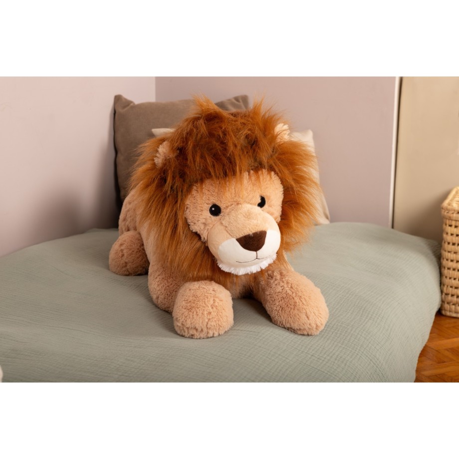 Lion allongé peluche géante 100 cm toute douce, roi des câlins