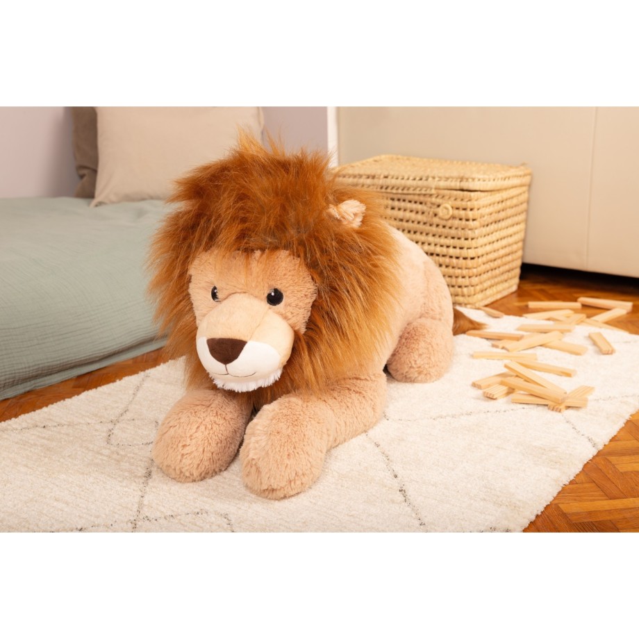 Lion allongé peluche géante 100 cm toute douce, roi des câlins