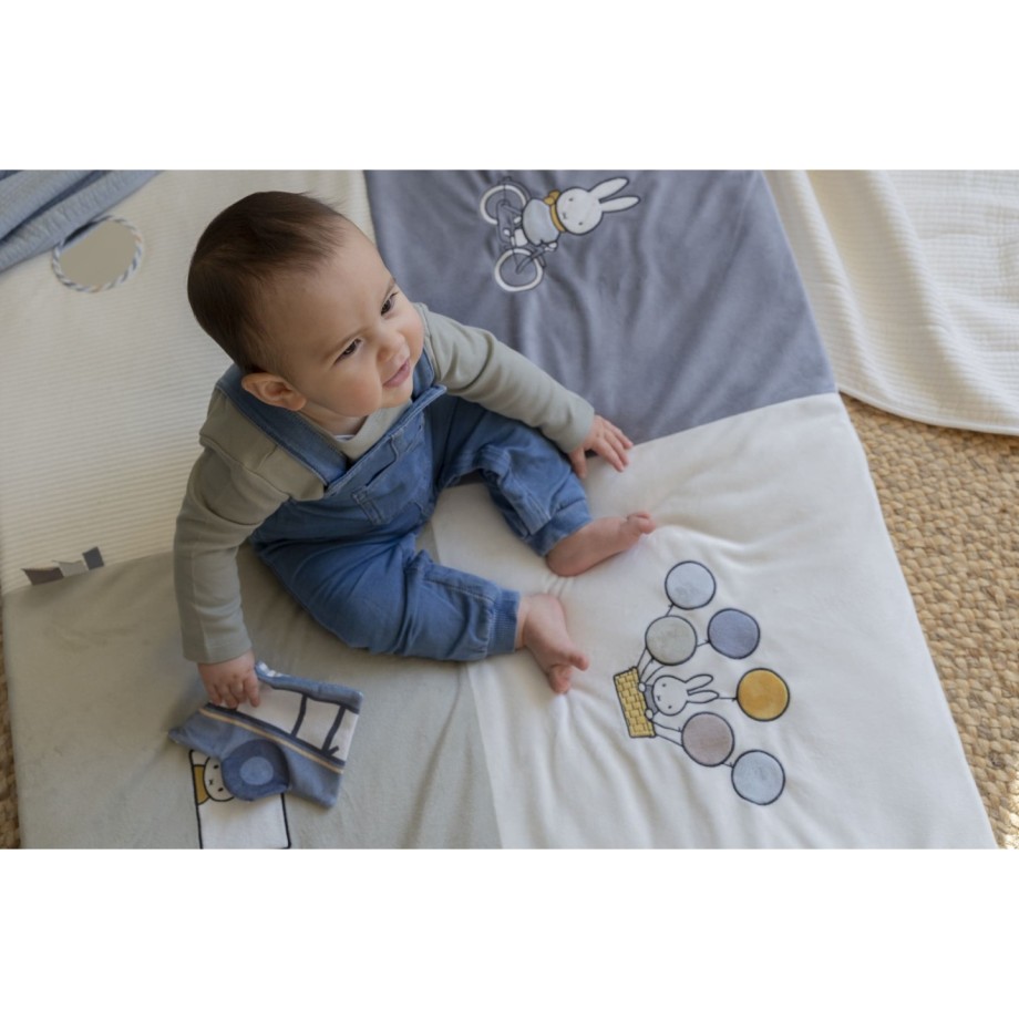 Grand tapis de jeu bébé Miffy Fluffy bleu-vert, lapins et activités d'éveil. 100cm.
