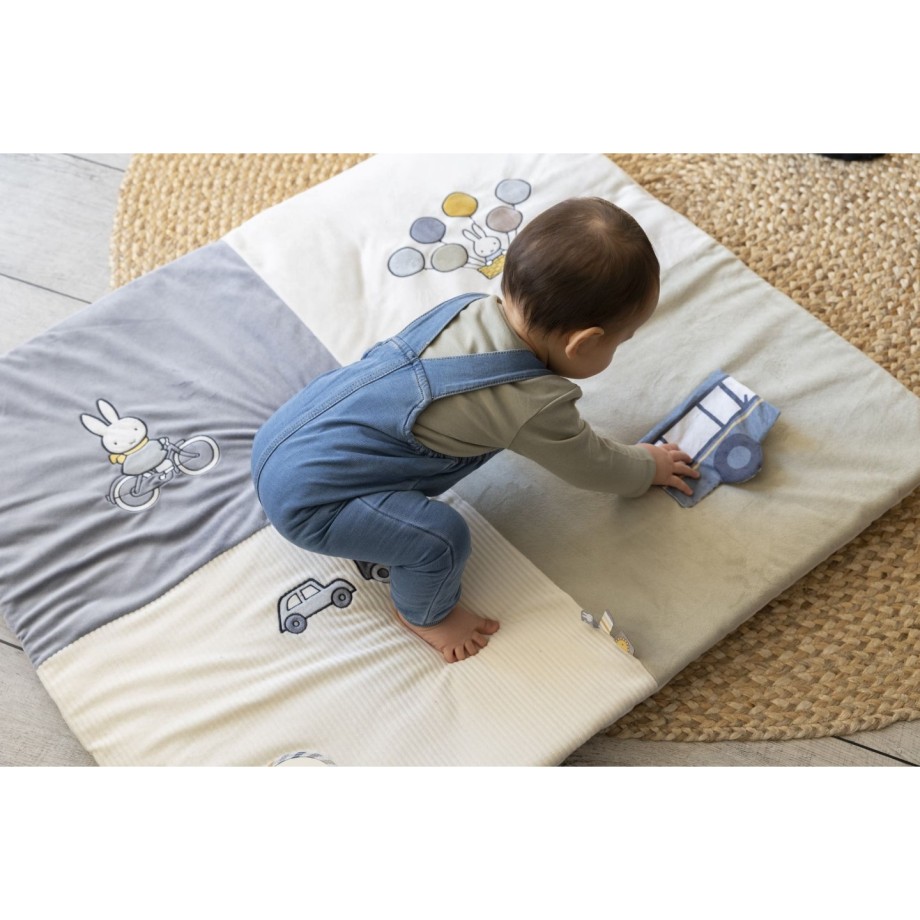 Grand tapis de jeu bébé Miffy Fluffy bleu-vert, lapins et activités d'éveil. 100cm.