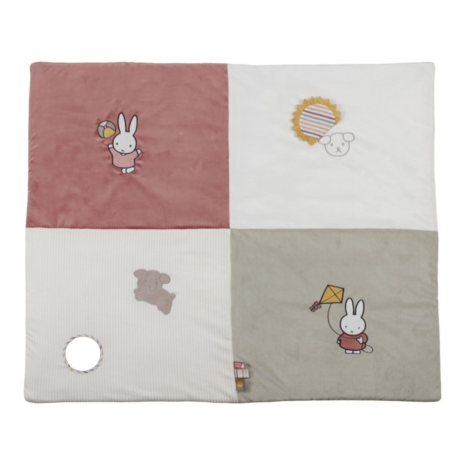Grand tapis de jeu bébé Miffy Fluffy rose, lapins et activités d'éveil. 100cm.