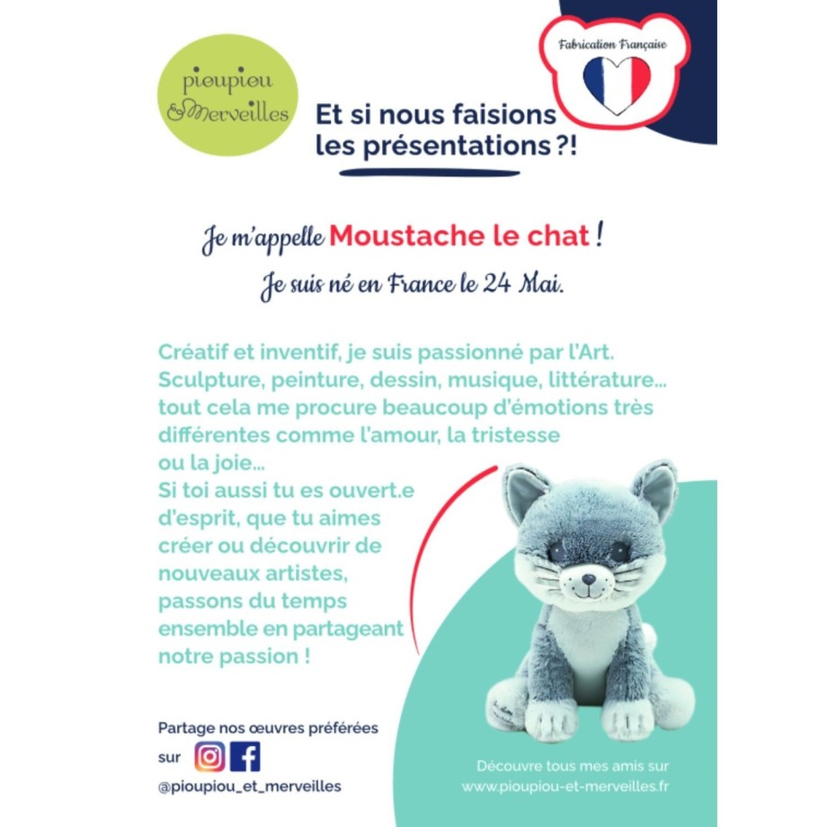 Peluche Géante Made in France - Peluche Moustache le Chat - 50cm