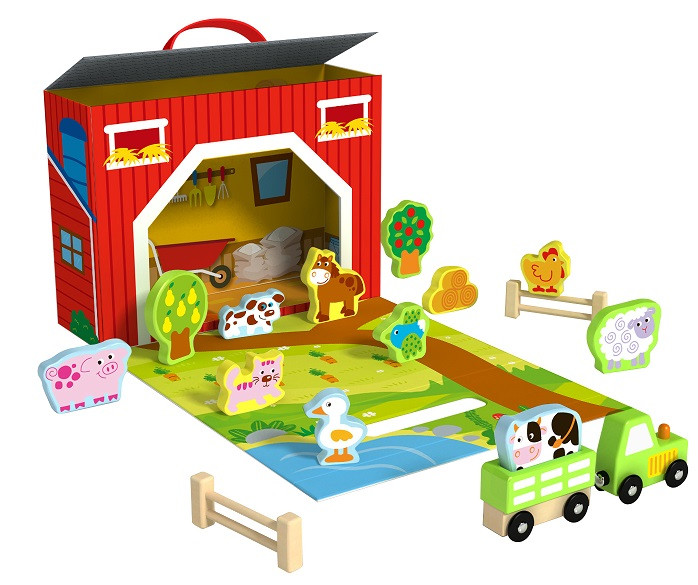 Mallette de jeu en bois Animaux de la ferme 17 pieces