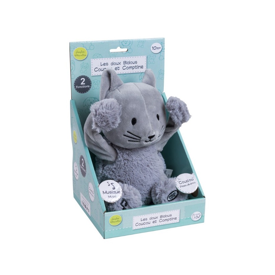 Peluche Coucou et Comptine Oscar le Chat, jouet cache-cache enfant