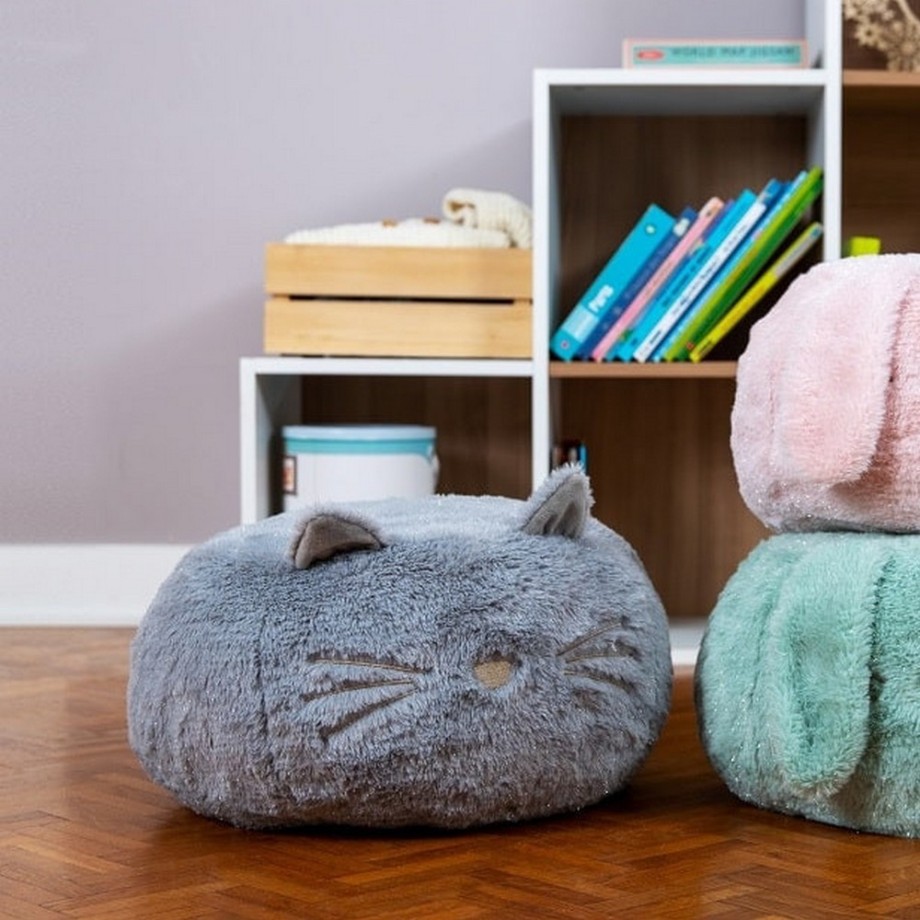 Pouf en peluche pour enfant 1-4 ans - chat gris - Made in France