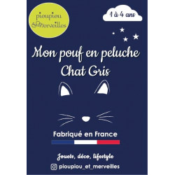 Pouf en peluche pour enfant 1-4 ans - Chat gris - Made in France
