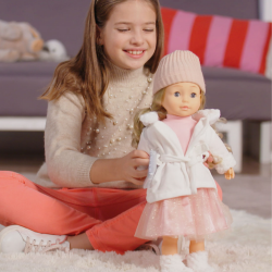 Poupée Bambolina en manteau blanc- 46cm - avec ses accessoires pour cheveux - parle et chante